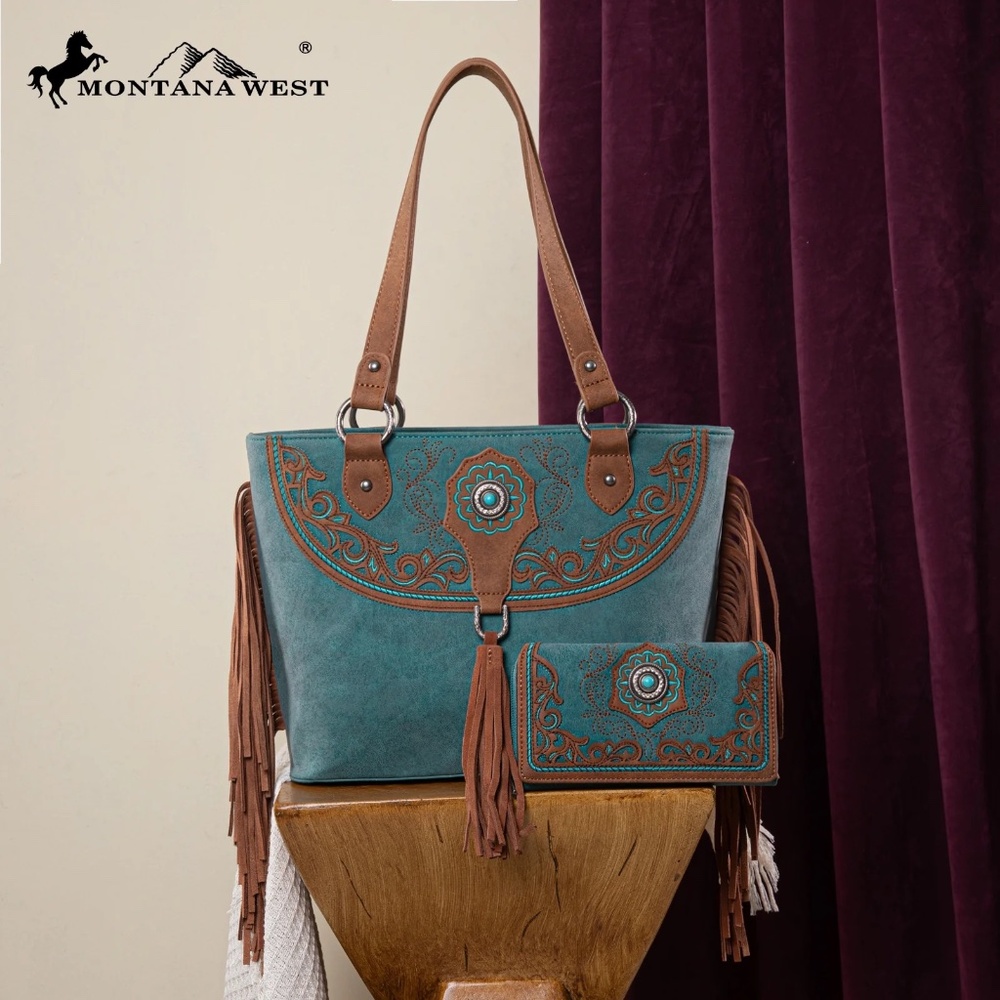 Montana West Embroidered Concealed Carry Tote with Wallet Set Turquoise NWT
